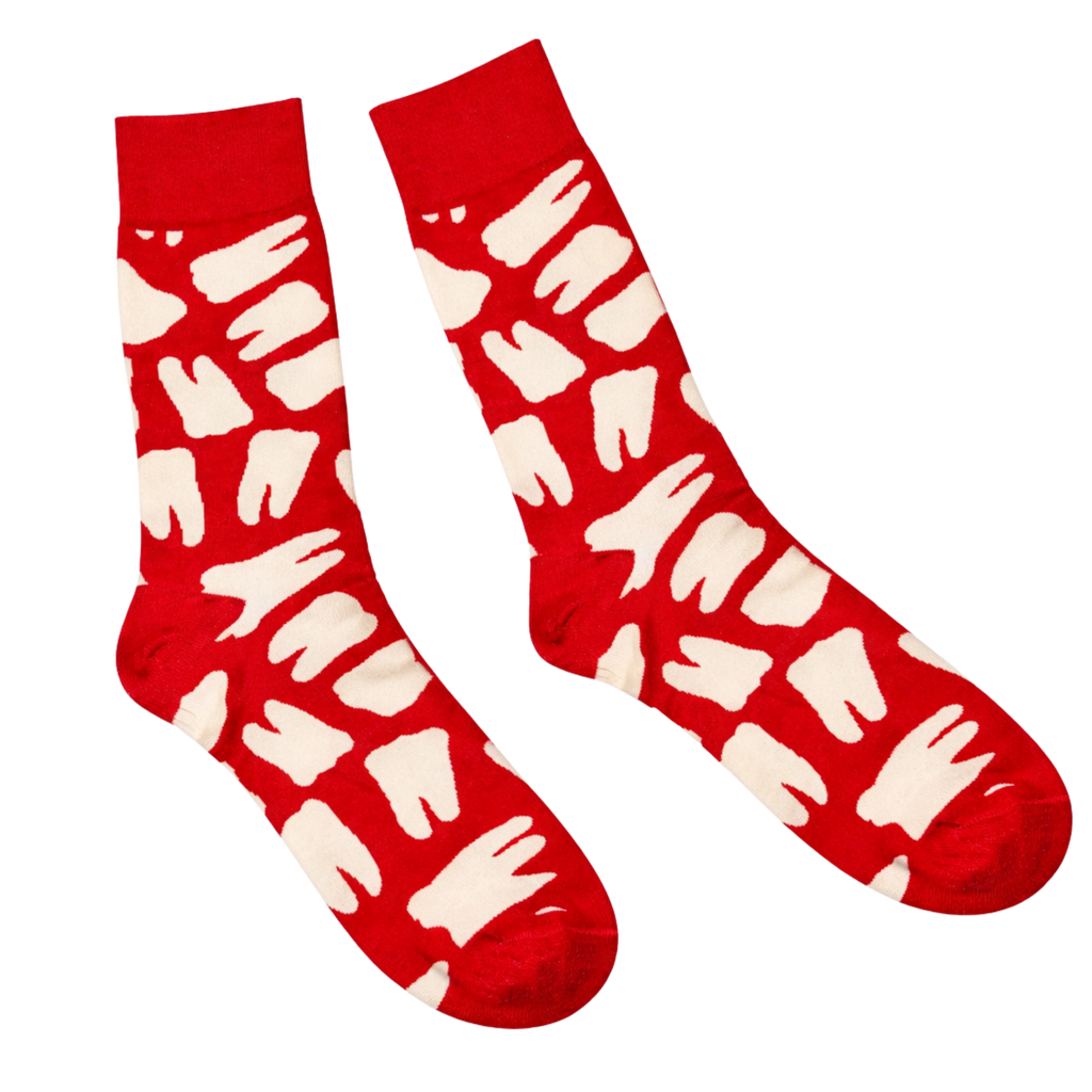 Nothing but the Tooth Socks, red crew socks with a cream white tooth print
