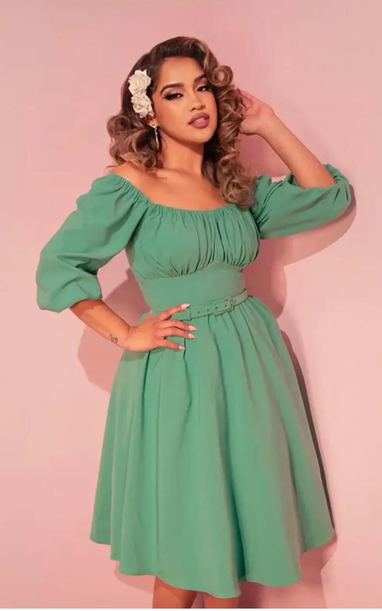 Marie-Thérèse Peasant Dress in Mint Poly Crepe