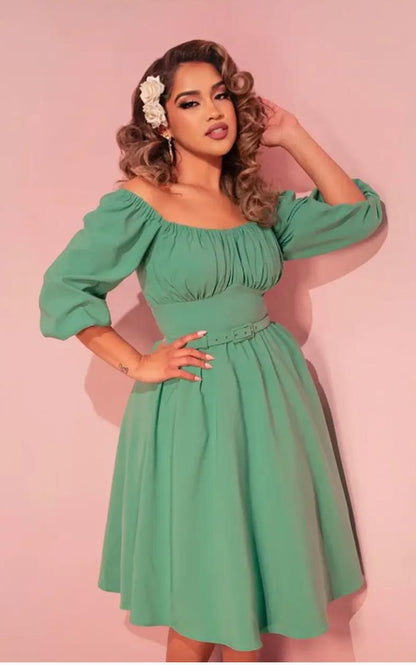 Marie-Thérèse Peasant Dress in Mint Poly Crepe