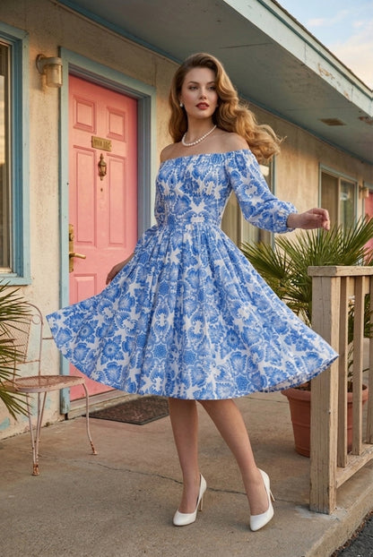Marie-Thérèse Peasant Dress in Noto Tile Blue – pinupgirlclothing.com