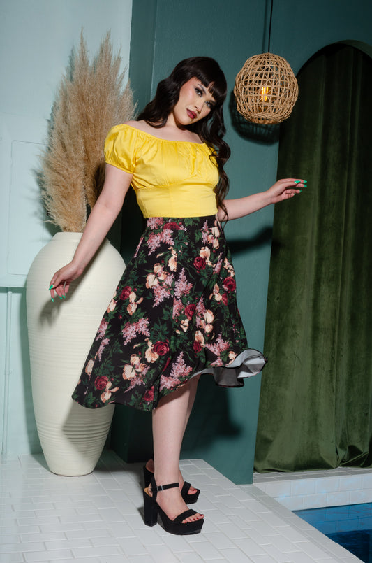 Viva 40s Tulip Skirt in Dark Bella Roses Stretch Crepe | Laura Byrnes Design