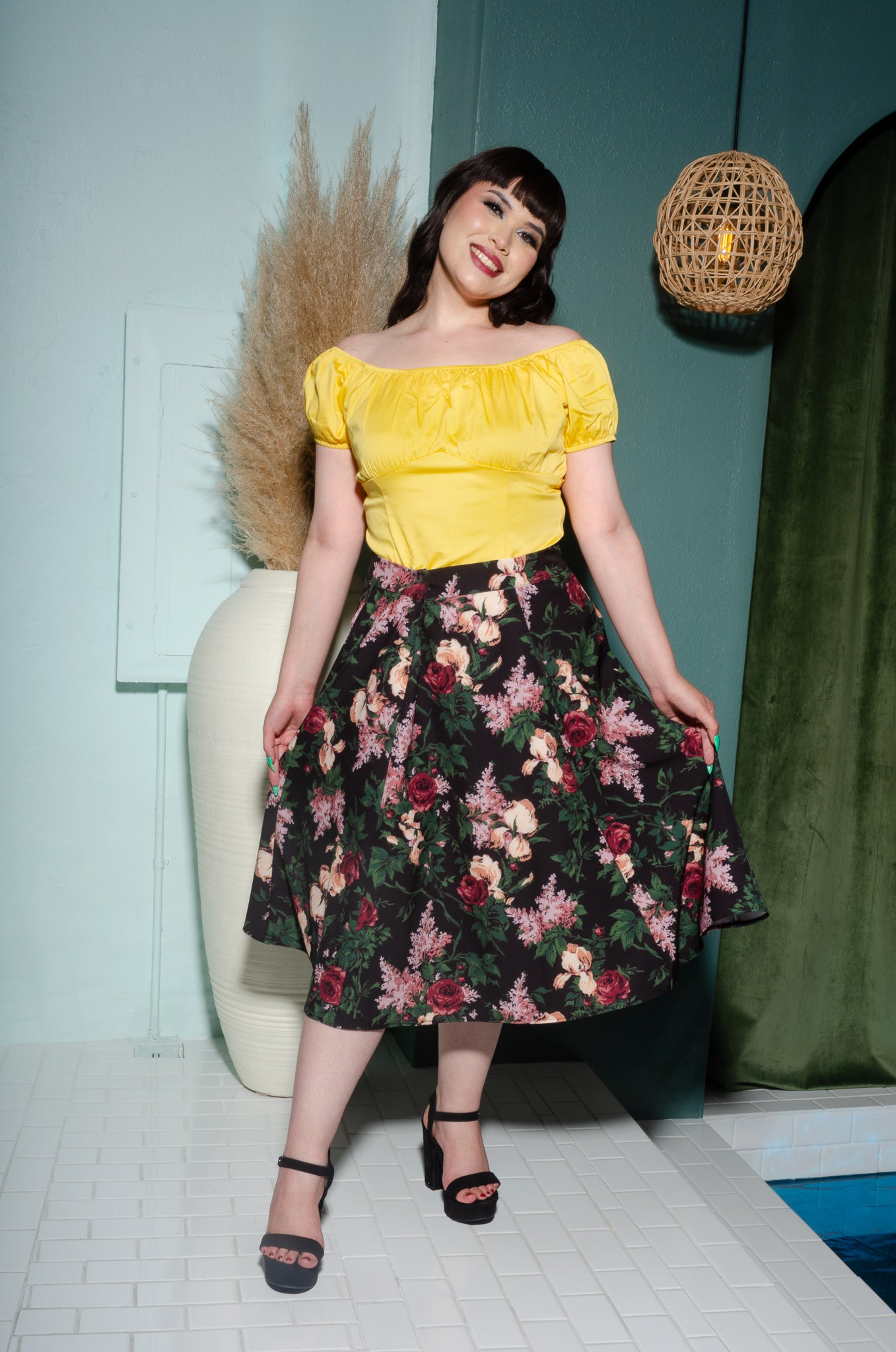 Pinup Couture Peasant Top in Yellow Stretch Cotton Sateen