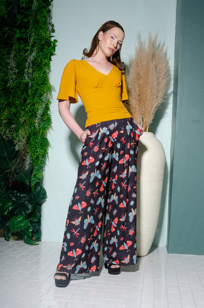 Final Sale - Dietrich 40s Wide Leg Vintage Trousers in Insect Print 32" Inseam | Laura Byrnes & Hope Johnstun