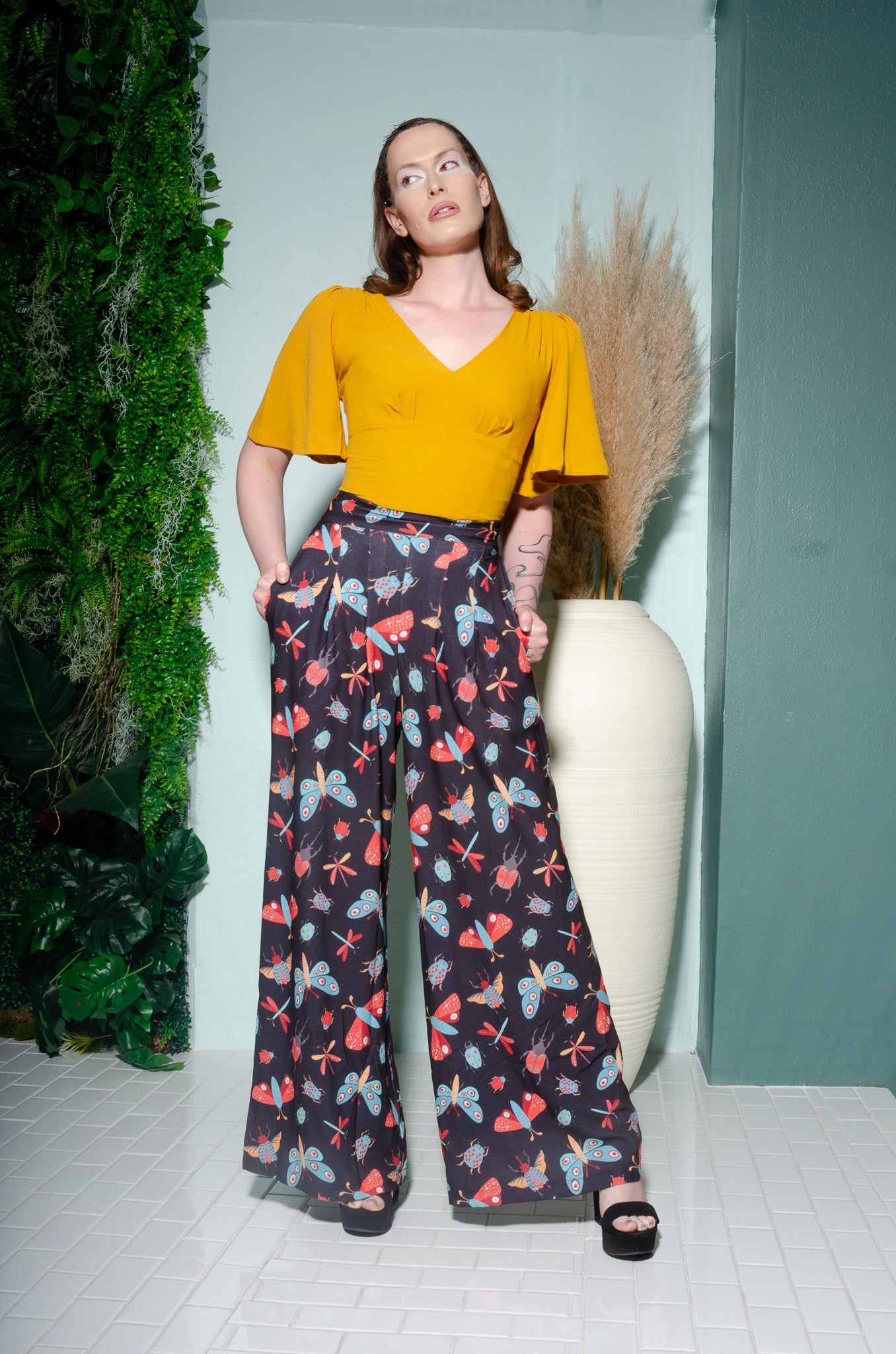 Dietrich 40s Wide Leg Vintage Trousers in Insect Print 32" Inseam | Laura Byrnes & Hope Johnstun