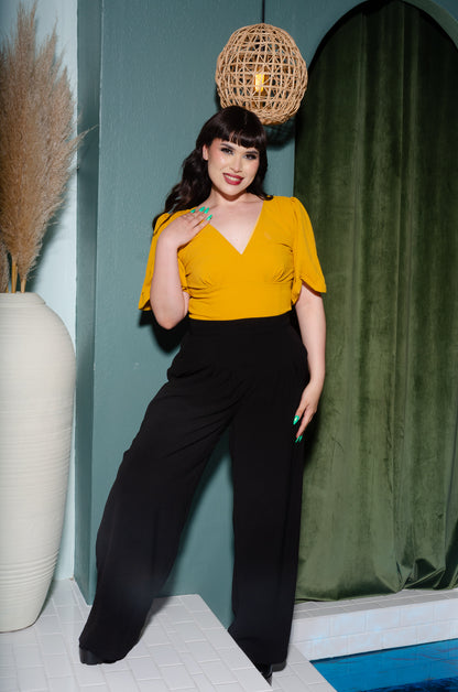 Viva 40s Vintage Style Blouse Top in Solid Mustard Crepe | Laura Byrnes