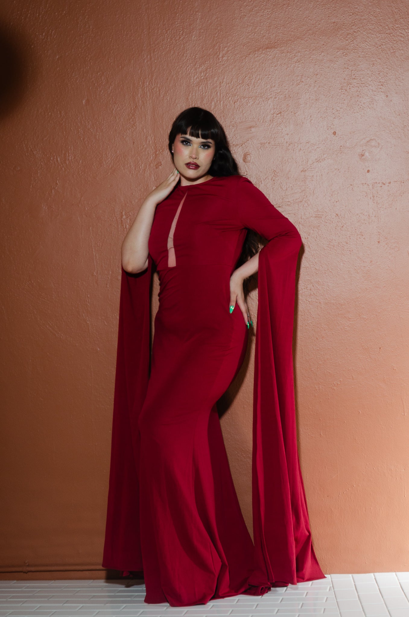 Gothic Glamour - Chloe Supervillain Long Sleeve Cape Sleeve Gown | Evelyn Belluci
