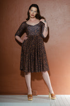 Priscilla Swing Dress in Gold and Black Medallions Print Stretch Twill