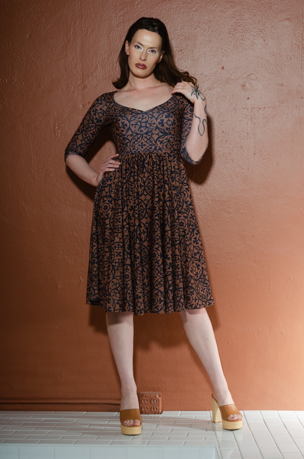 Priscilla Swing Dress in Gold and Black Medallions Print Stretch Twill