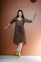 Priscilla Swing Dress in Gold and Black Medallions Print Stretch Twill