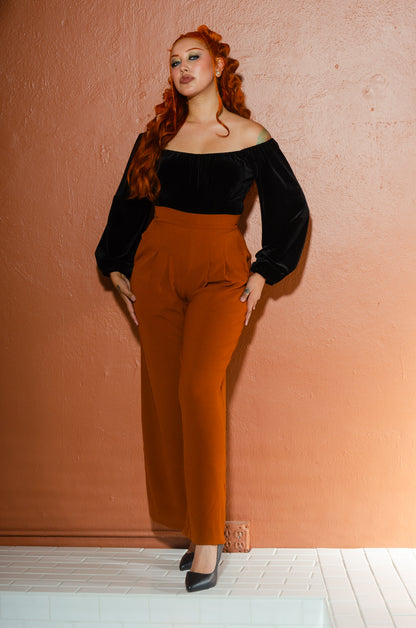 Hepburn Vintage Relaxed Leg Trousers in Camel Crepe | Laura Byrnes Design