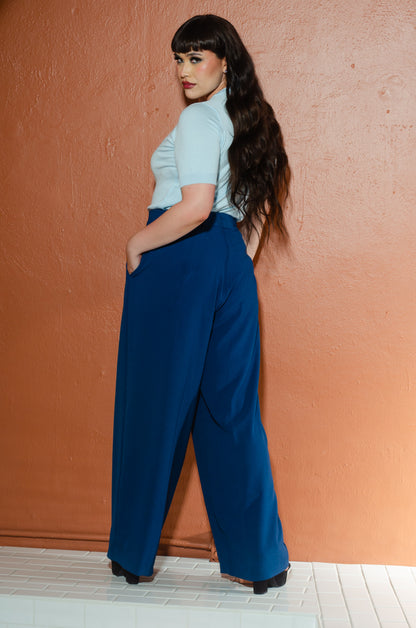 Hepburn 40s Style Vintage Wide-Leg Trousers in Amalfi Teal Crepe | Laura Byrnes Design