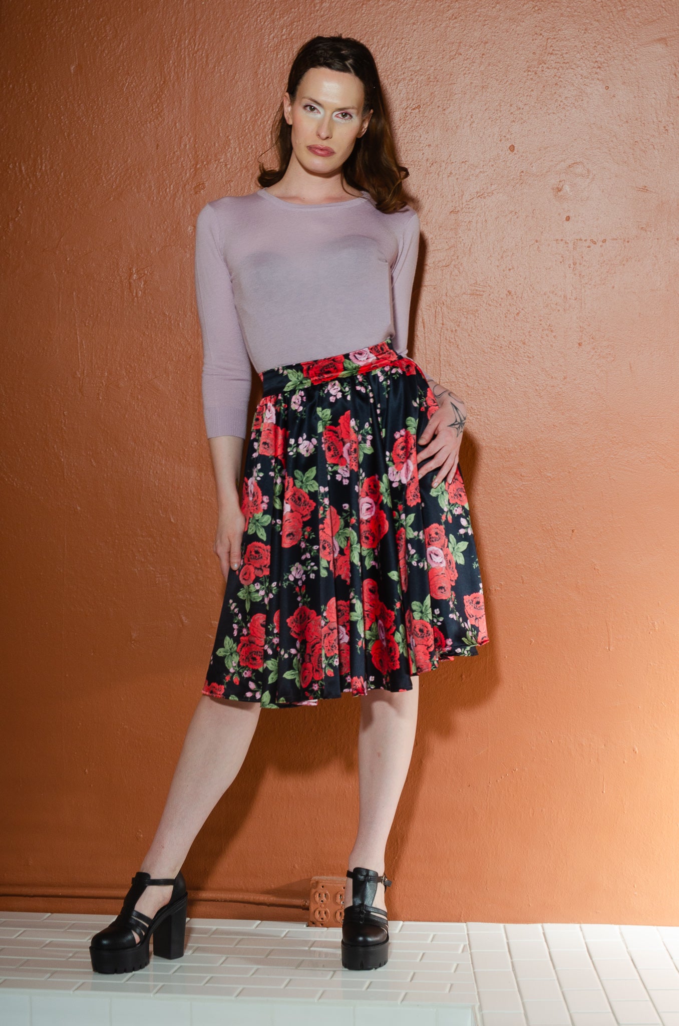 Gathered Circle Skirt in Red Roses Satin | Laura Byrnes Design