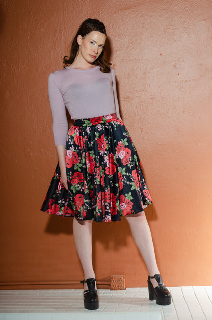 Gathered Circle Skirt in Red Roses Satin | Laura Byrnes Design