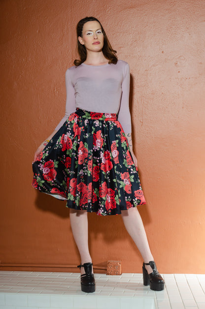 Gathered Circle Skirt in Red Roses Satin | Laura Byrnes Design