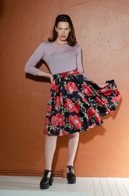 Gathered Circle Skirt in Red Roses Satin | Laura Byrnes Design