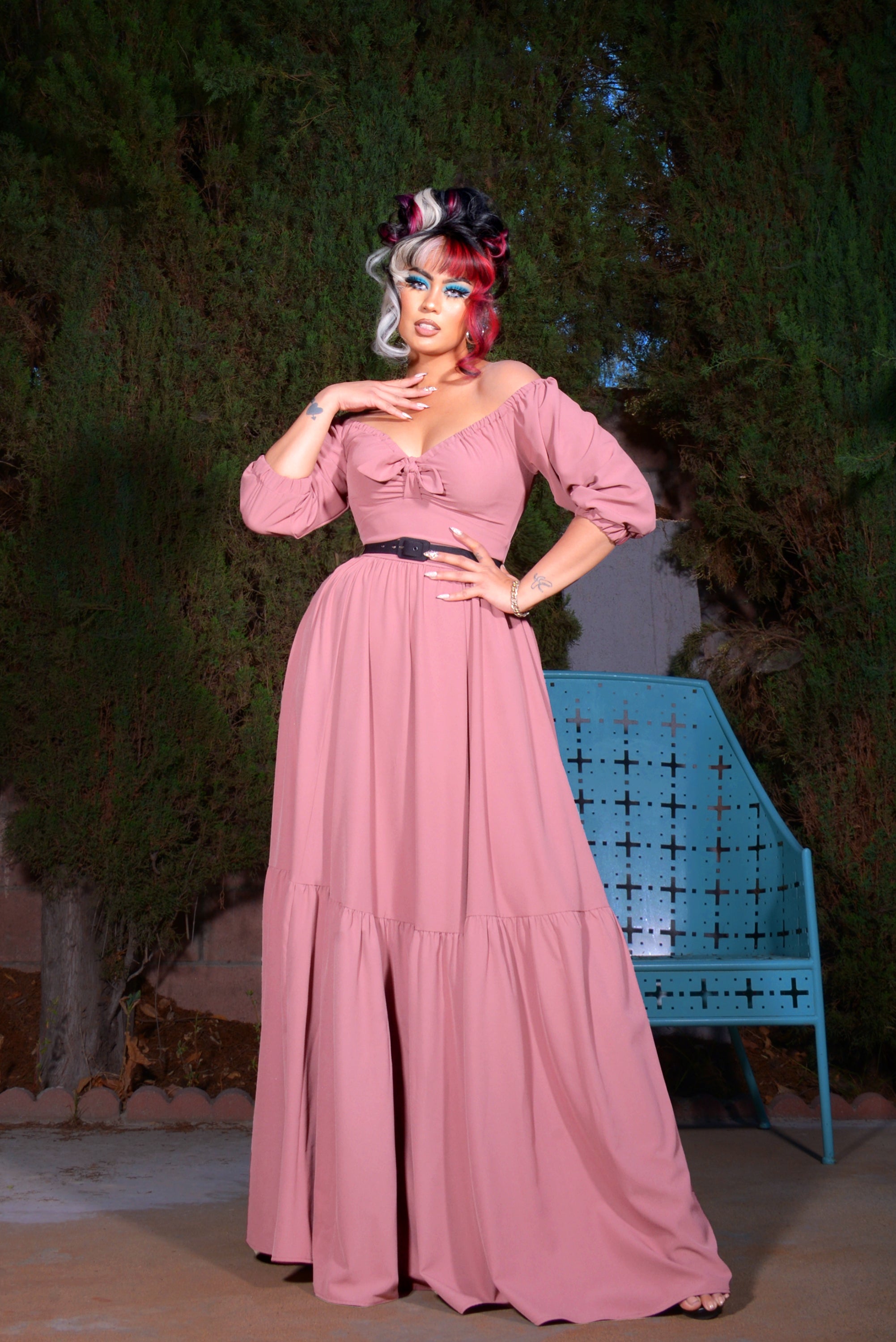 Molly Cottage 70s Maxi Gown in Mulberry Pink