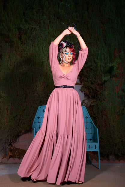 Molly Cottage 70s Maxi Gown in Mulberry Pink Crepe