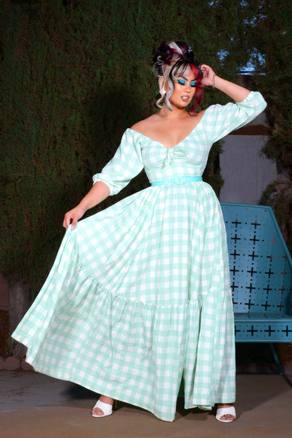 Molly 70s Vintage Maxi Gown in Sage Green Gingham | Pinup Couture - PREORDER