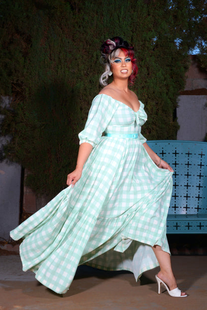 Molly 70s Vintage Maxi Gown in Sage Green Gingham | Pinup Couture - PREORDER