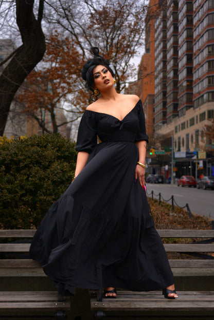 Molly Vintage Gothic 70s Maxi Gown in Solid Black Crepe