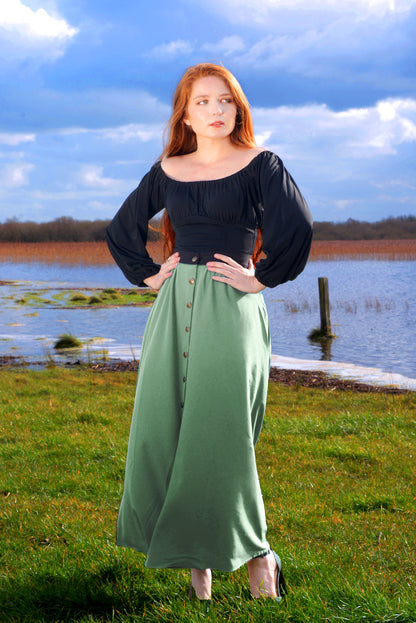 Final Sale - Selene Button Front Midi Skirt in Sage Green Crepe | Laura Byrnes Design