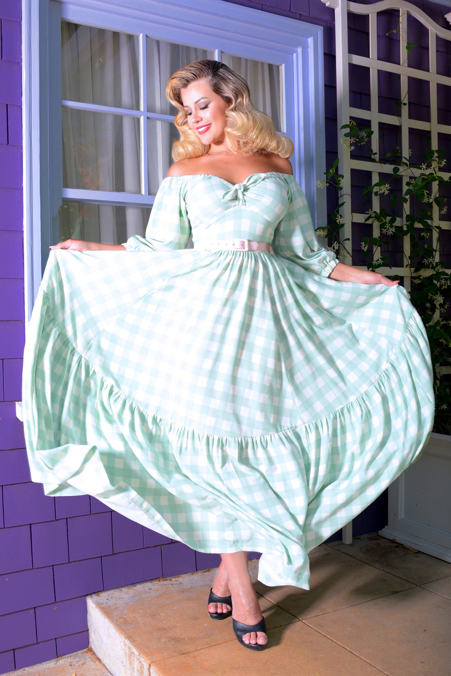 Molly 70s Vintage Maxi Gown in Sage Green Gingham | Pinup Couture - PREORDER