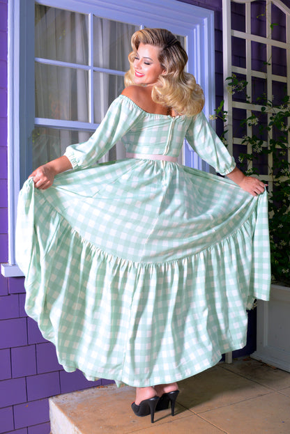 Molly 70s Vintage Maxi Gown in Sage Green Gingham | Pinup Couture - PREORDER