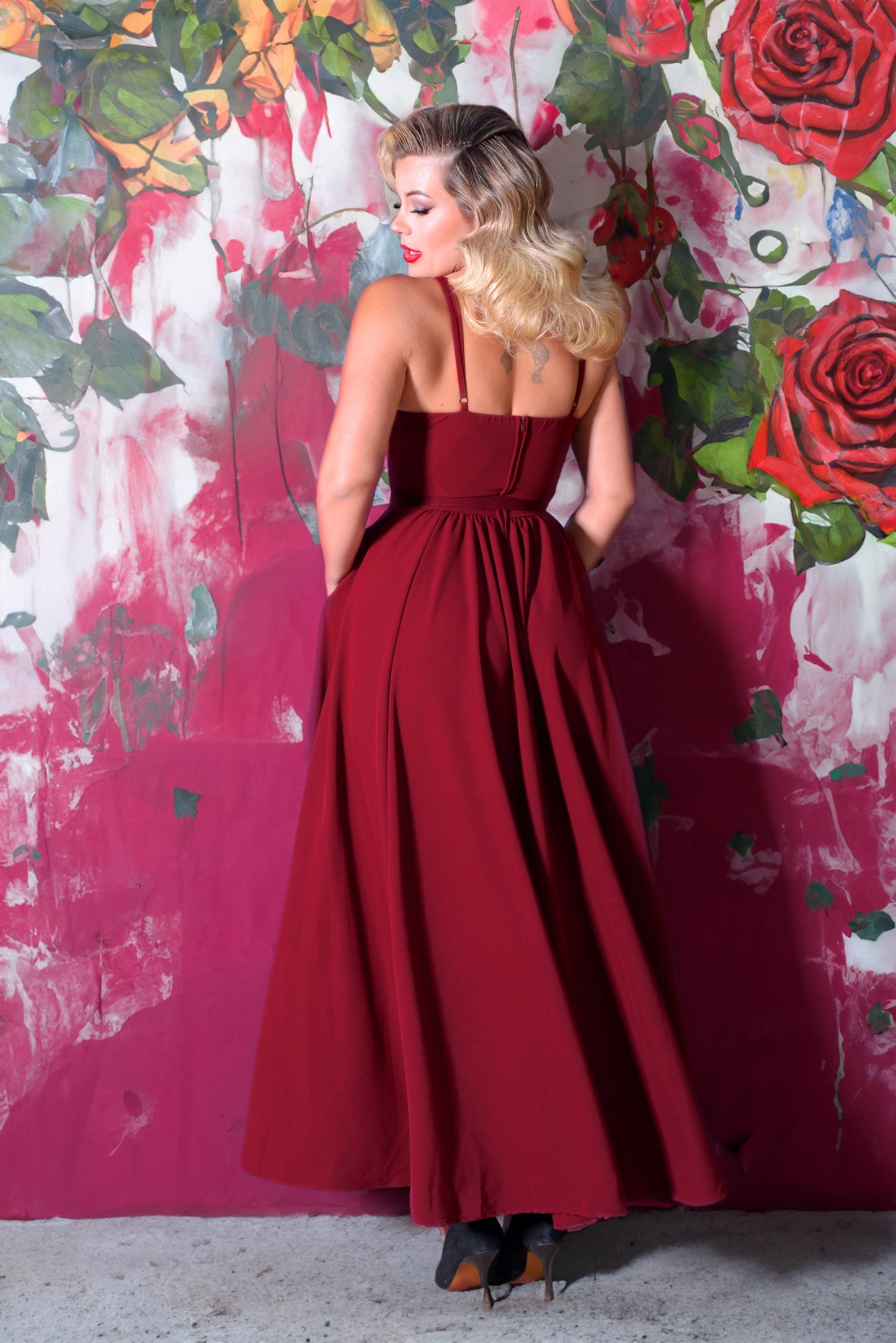 OYS - Final Sale - Amalie Ballerina 70s Daytime Maxi Dress in Merlot Crepe | Pinup Couture