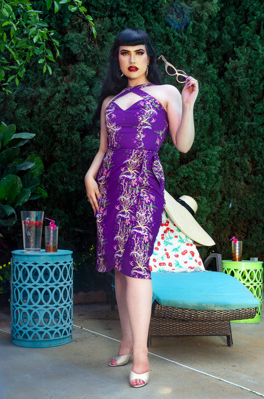 Sonya Tiki Wiggle Dress in Purple Tropical Under The Sea Print on Crepe | Laura Byrnes & Hope Johnstun