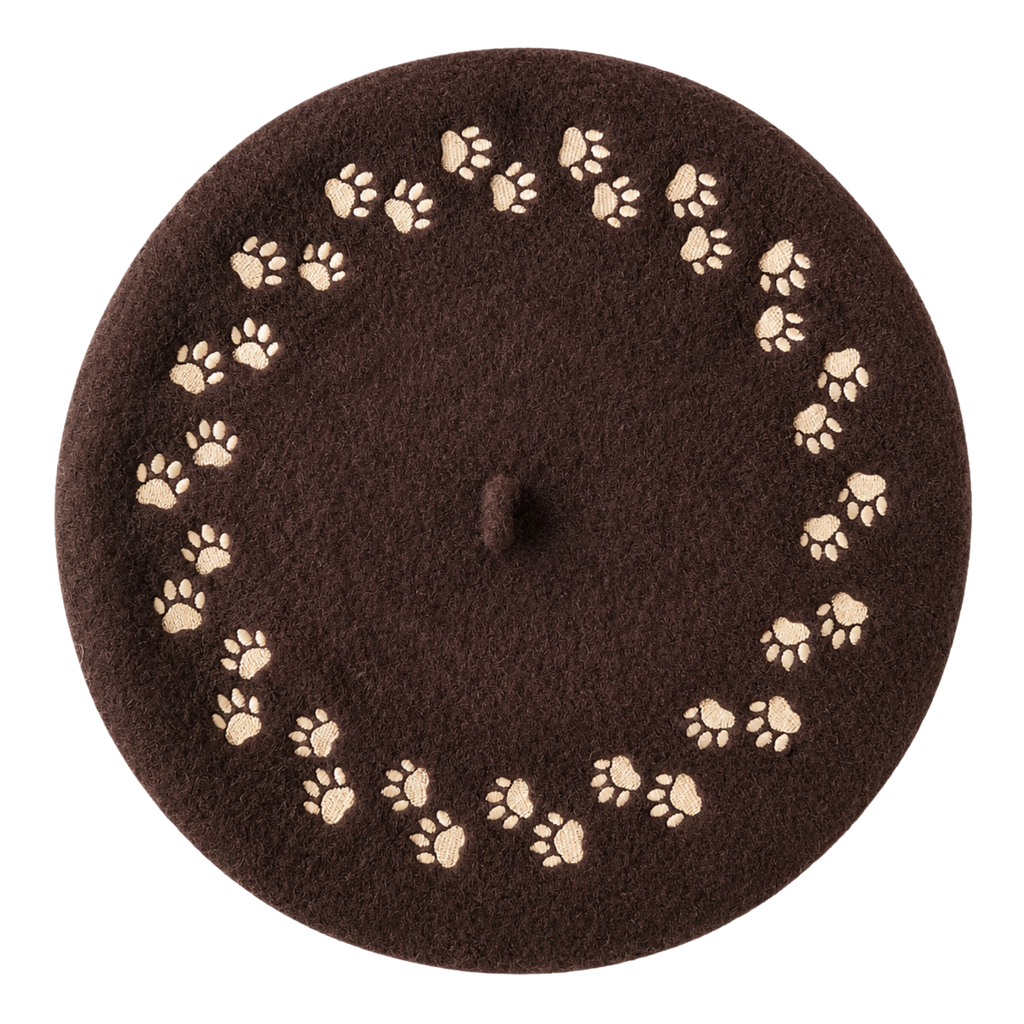 Paw Print Beret, mocha brown wool with embroidered paw prints