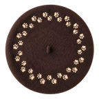 Paw Print Beret, mocha brown wool with embroidered paw prints