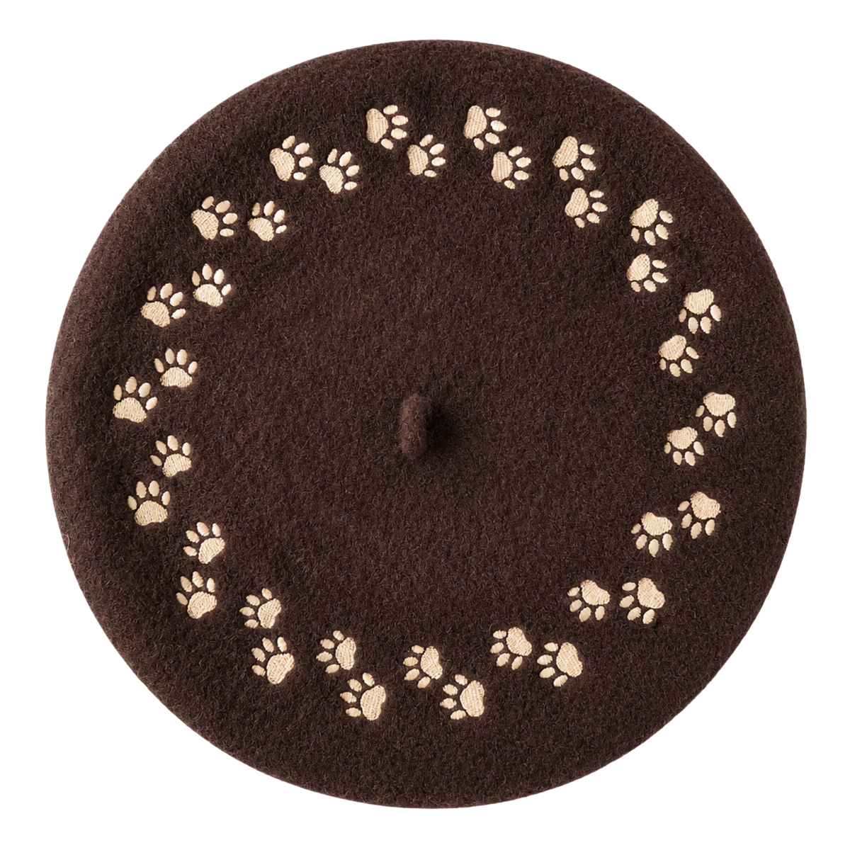 Paw Print Beret, mocha brown wool with embroidered paw prints