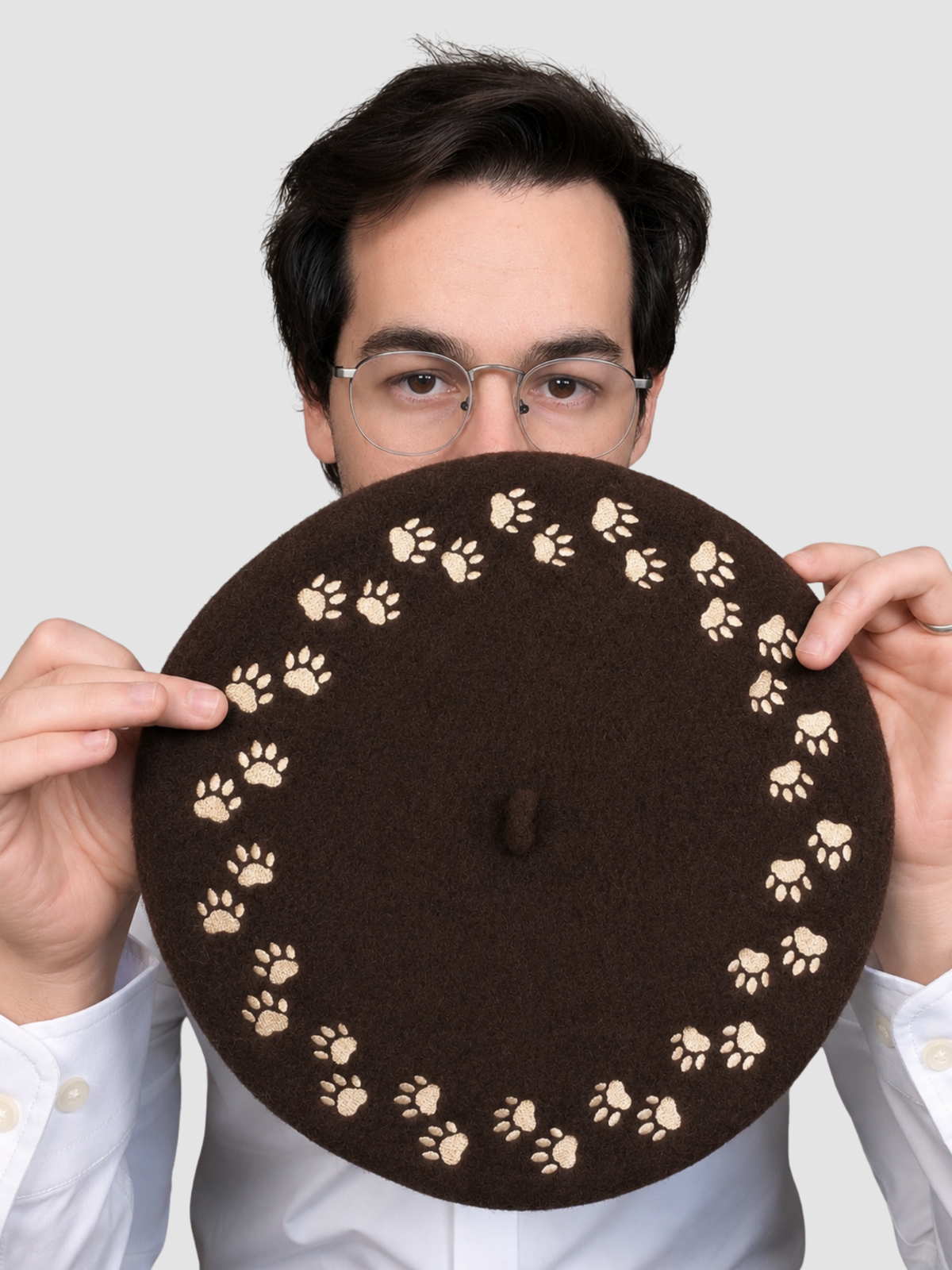 Paw Print Beret, mocha brown wool with embroidered paw prints (view 3)