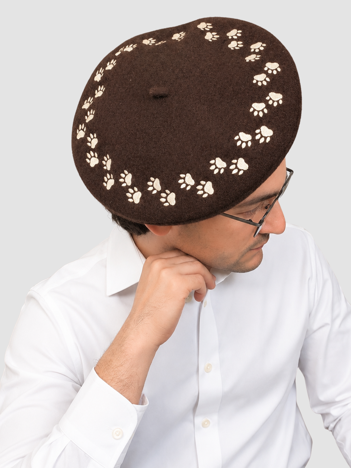 Paw Print Beret, mocha brown wool with embroidered paw prints (view 2)