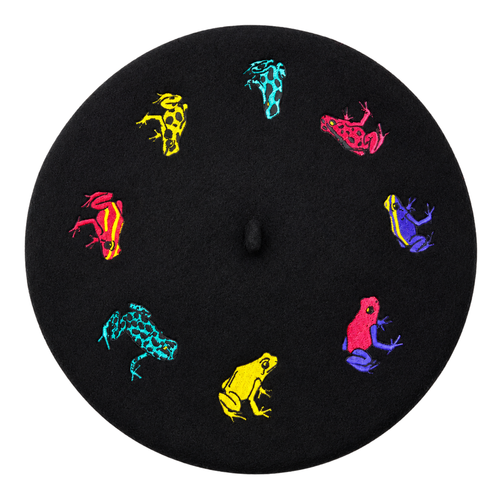 Poison Dart Frog Beret, black wool with colorful embroidered poison dart frogs