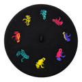 Poison Dart Frog Beret, black wool with colorful embroidered poison dart frogs