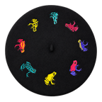 Poison Dart Frog Beret, black wool with colorful embroidered poison dart frogs