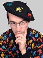 Poison Dart Frog Beret, black wool with colorful embroidered poison dart frogs (view 2)
