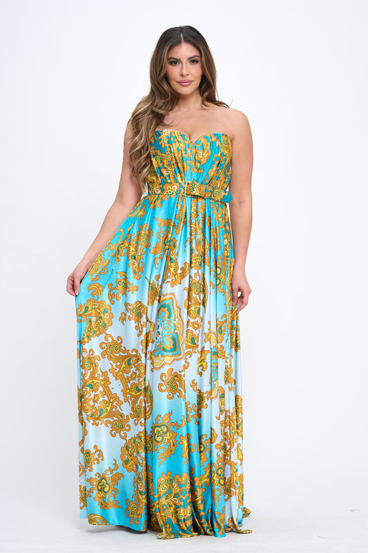 Maya Sweetheart Neckline Paisley Silky Knit Strapless Maxi Dress