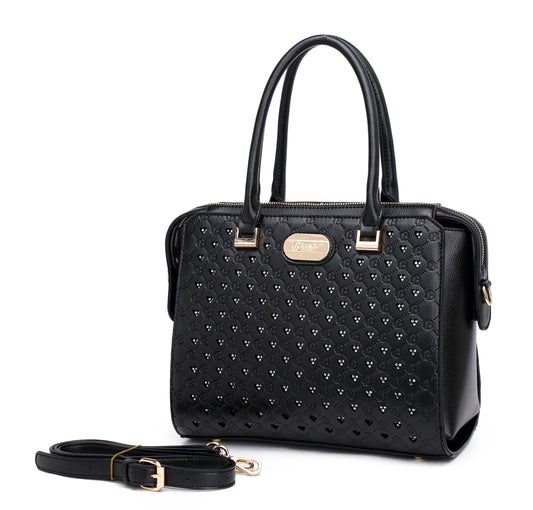 Millionaire crystal engraved satchel in black, by Pinup Girl Clothing