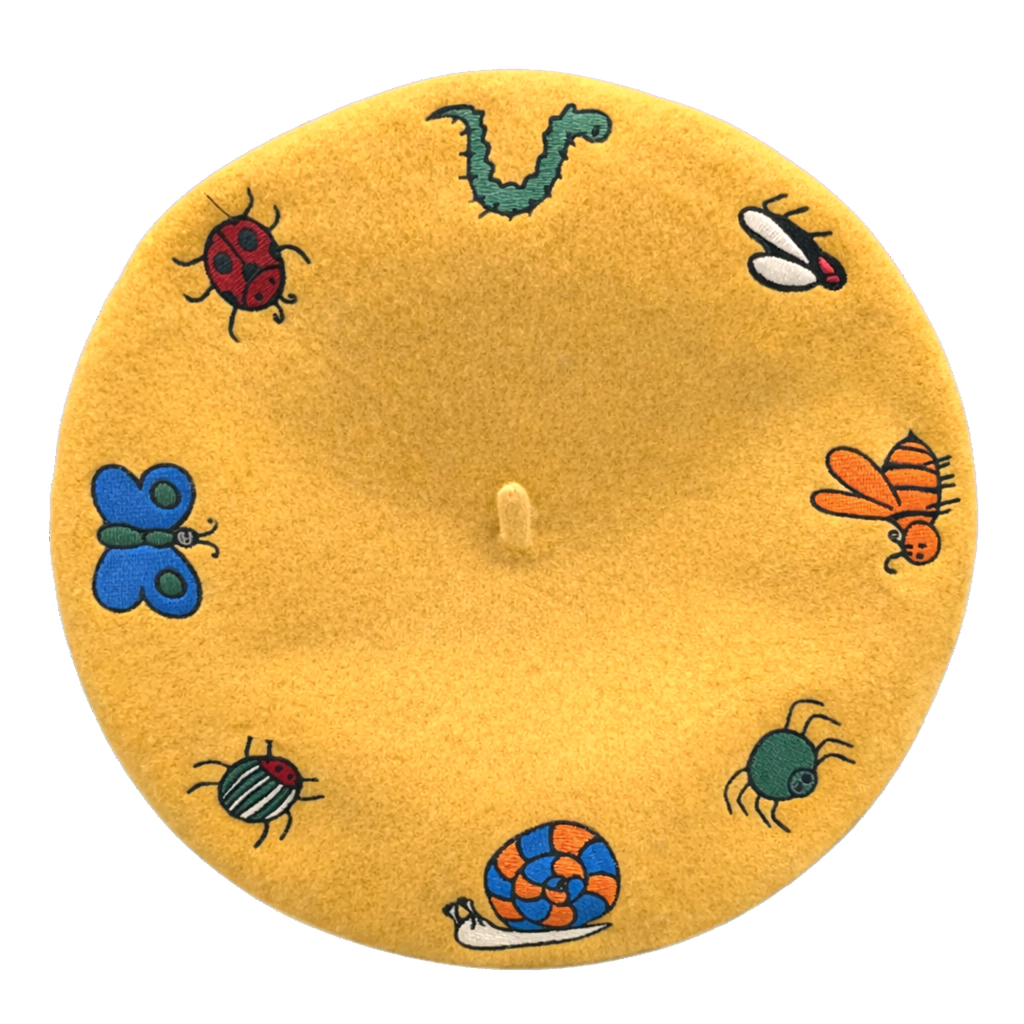 Buggin' Out Beret, mustard yellow wool with embroidered bugs