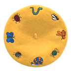 Buggin' Out Beret, mustard yellow wool with embroidered bugs