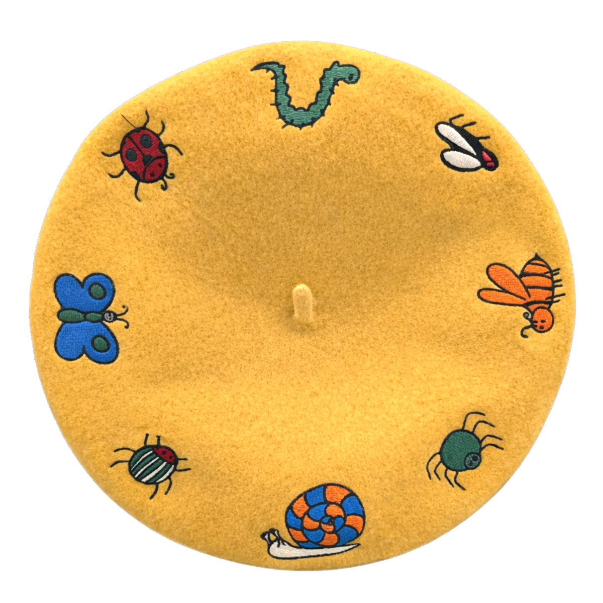 Buggin' Out Beret, mustard yellow wool with embroidered bugs