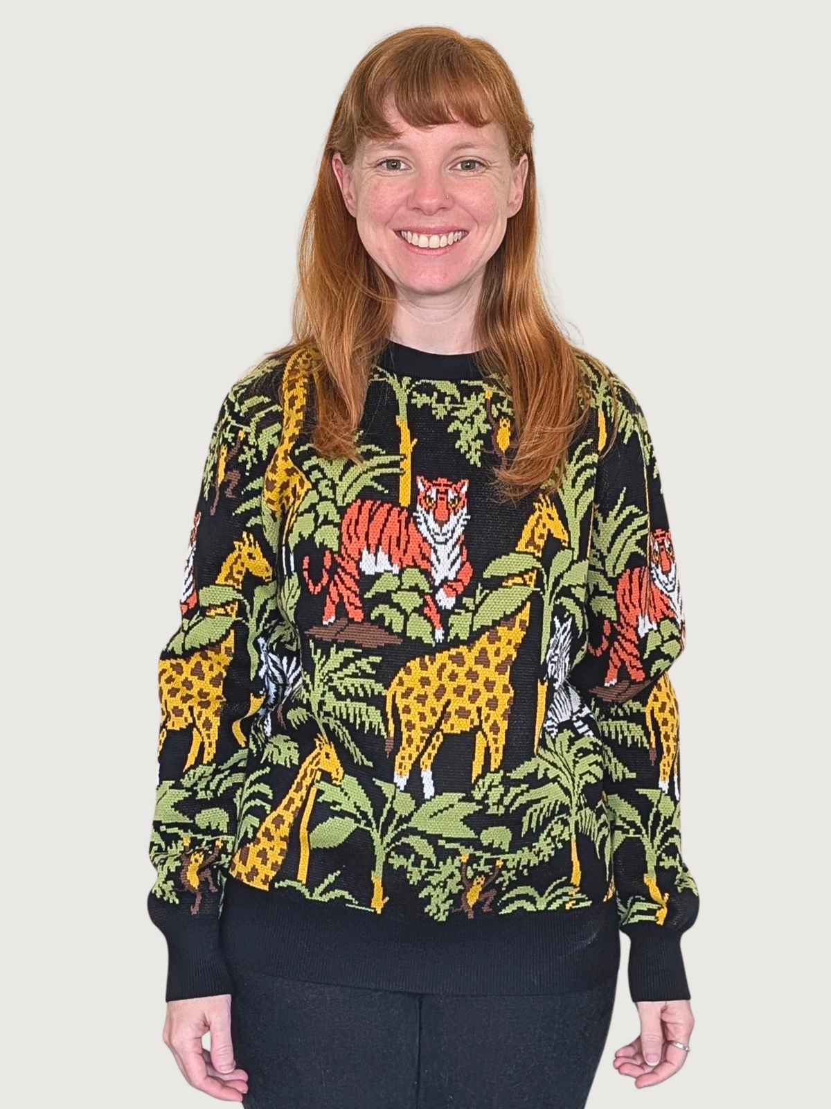 Safari Sweater, black with yellow giraffes and green leaves (view 2)