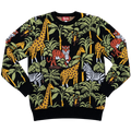 Safari Sweater, black with yellow giraffes and green leaves