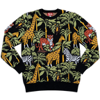 Safari Sweater, black with yellow giraffes and green leaves