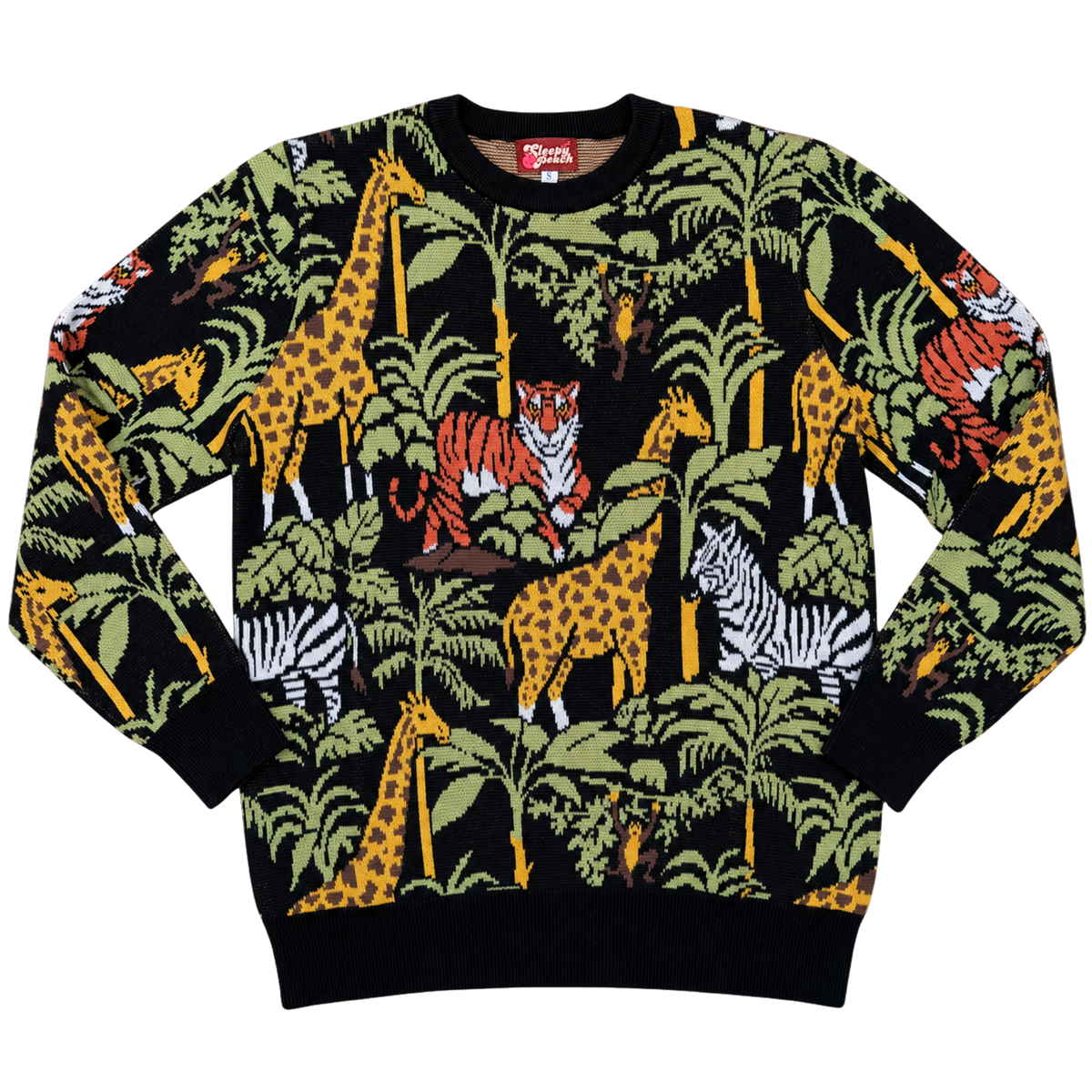 Safari Sweater, black with yellow giraffes and green leaves