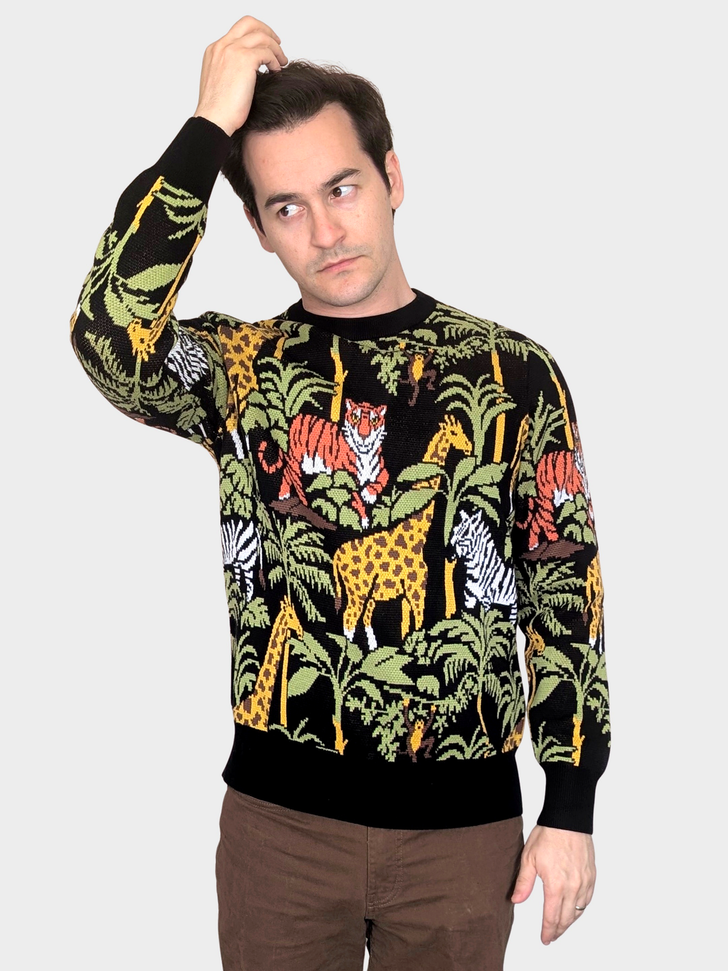 Safari Sweater, black with yellow giraffes and green leaves (view 3)