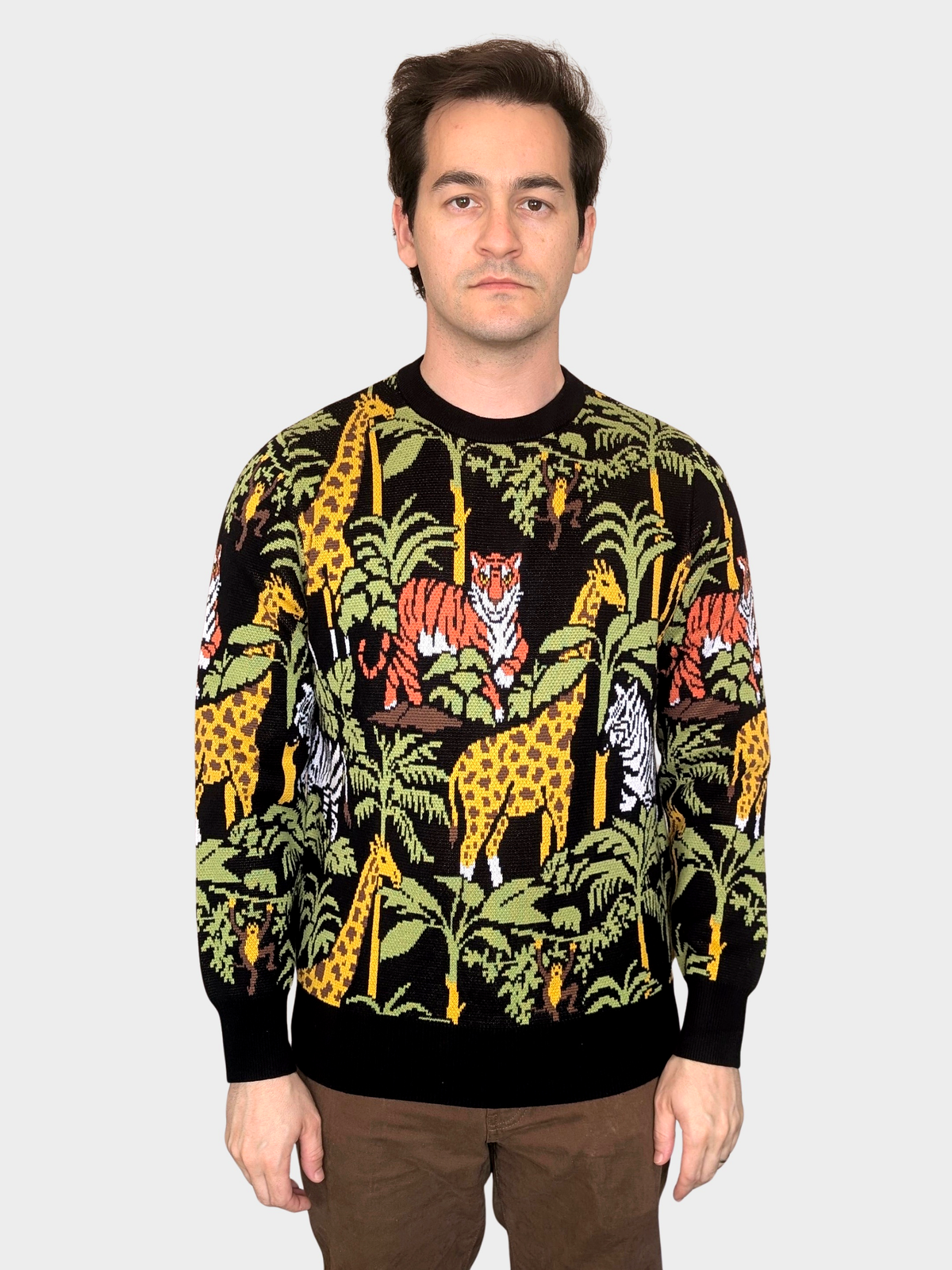 Safari Sweater, black with yellow giraffes and green leaves (view 5)