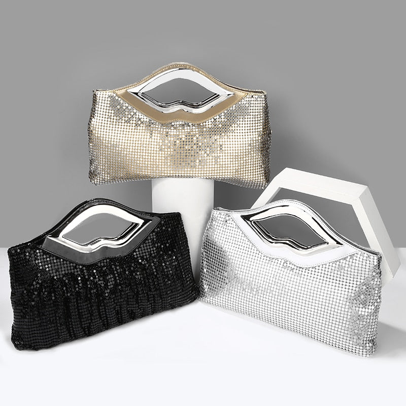 Sequin evening clutch purse with beaded tassel, in black, gold, silver, red and coffee